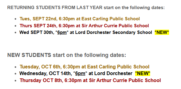 Classes start week of Oct 5th for NEW STUDENTS