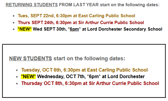 Classes start week of Oct 5th for NEW STUDENTS